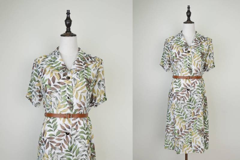 Weiße Vintage Bluse Kleid Gelb Braun Grün Blatt Druck Kurzarm Größe M-L von KhunMali1