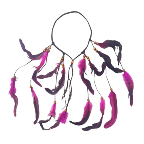 KiBcsLic Handgefertigtes Boho Federhaarband für Damen Und Mädchen mit Kunstfedern Und Gewebten Bändern für Bühnenauftritte Und Verkleidungspartys, Rose Rot von KiBcsLic