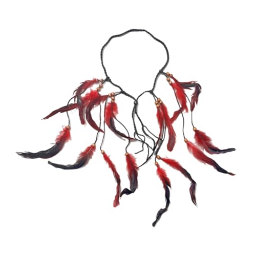 KiBcsLic Handgefertigtes Boho Federhaarband für Damen Und Mädchen mit Kunstfedern Und Gewebten Bändern für Bühnenauftritte Und Verkleidungspartys, Rot von KiBcsLic