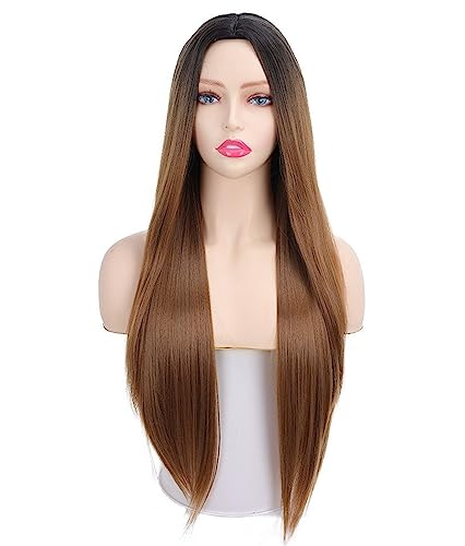 Damen-Perücke mit langem, glattem Haar, Kopfbedeckung, langes lockiges Haar, Farbverlauf, atmungsaktiv, rosafarbenes Innennetz Modedekoration (Color : 8, Size : 1) von KiHene