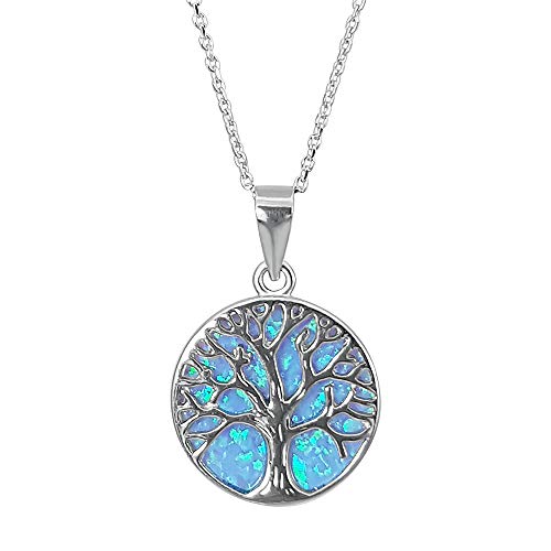 Kiara Jewellery „Lebensbaum“ Anhänger- und Halskette-Set - 925er Sterlingsilber, rhodiniert, auf Scheibe aus blauem Lab Opal - 45,7 cm lange Italienische Silberkettekette mit Diamantschliff von Kiara Jewellery