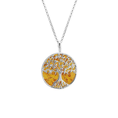 Kiara Jewellery „Lebensbaum“ Anhänger- und Halskette-Set - 925er Sterlingsilber, rhodiniert, auf Scheibe aus braunem Bernstein - 45,7 cm lange Gliederkette mit italienischem Diamantschliff, rhodiniert Kiara Jewellery „Lebensbaum“ Anhänger- und Halskette-Set - 925er Sterlingsilber, rhodiniert, auf Scheibe aus braunem Bernstein - 45,7 cm lange Gliederkette mit italienischem Diamantschliff, rhodiniert von Kiara Jewellery