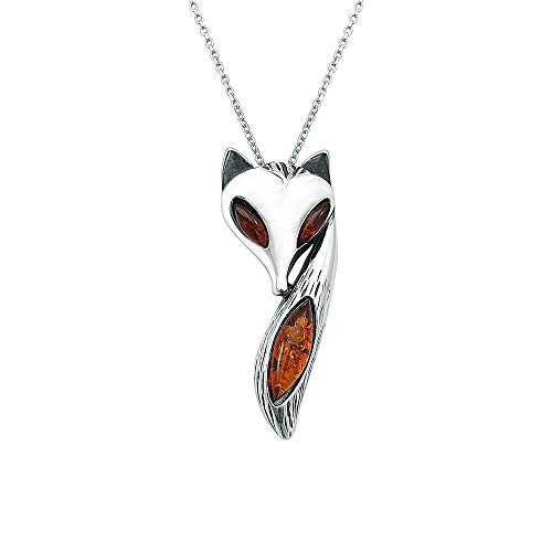 Kiara Jewellery 925 Sterling Silber Fuchs Anhänger Halskette Mit Braunem Baltischen Amber Auf Italienischer Sterling Silber 45.7 cm Trace Kette. von Kiara Jewellery