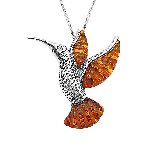 Kiara Jewellery 925 Sterling Silber Kolibri Anhänger Halskette eingefasst mit Cognac Braun Bernstein auf 45,7 cm Langen Sterlingsilber Kette von Kiara Jewellery