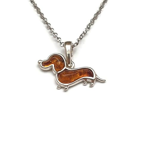 Kiara Jewellery 925 Sterling Silber Small Dachshund/Sausage Dog Pendant Necklace Inlaid With Brown Baltic Amber On Italian Sterling Silver 18" Chain, Sterling Silber von Kiara Jewellery