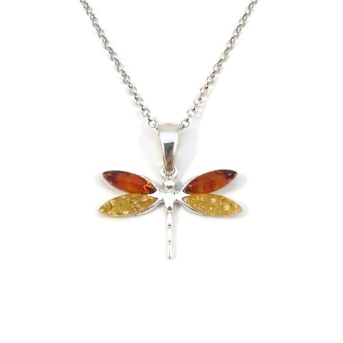 Kiara Jewellery 925 Sterling Silver Dragonfly - Libelle Pendant Necklace Inlaid With Brown & Yellow Baltic Amber On 18" Sterling Silver Chain. von Kiara Jewellery