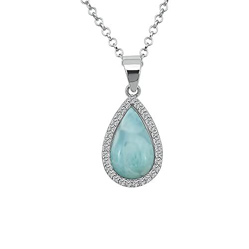 Kiara Jewellery Halskette mit Anhänger aus 925er-Sterlingsilber in Form einer Tropfenform, besetzt mit natürlichem Larimar an einer 45,7 cm langen Sterlingsilber-Kette, rhodiniert von Kiara Jewellery