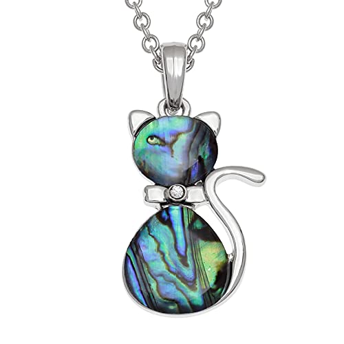 Kiara Jewellery Süße Katze Anhänger, eingelegt mit, natürliche grünliche blaue Paua-Abalone-Muschel auf 46 cm Kette von Kiara Jewellery