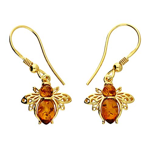 Kiara Jewellery Gelbvergoldetes 925er-Sterlingsilber, Bienen-Fischhaken-Ohrringe mit braunem baltischen Bernstein. von Kiara Jewellery