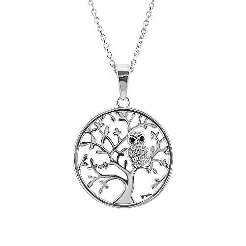 Kiara Jewellery 925 Sterling Silber rhodiniert Baum des Lebens Anhänger Halskette mit einer Eule auf einem Ast auf einer 45,7 cm langen italienischen Diamantschliff Kette oder Panzerkette von Kiara Jewellery