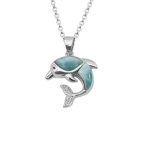 Kiara Jewellery Halskette aus 925er Sterlingsilber, Delfin mit Zirkonia, mit natürlichem Larimar auf 45,7 cm langer Venezianerkette, rhodiniert., Sterling Silber, Larimar von Kiara Jewellery