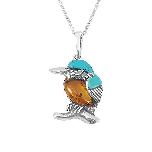 Kiara Jewellery Halskette mit Anhänger Eisvogel-Anhänger Sterling-Silber 925 mehrfarbig baltischer Bernstein Türkis 45,7 cm von Kiara Jewellery