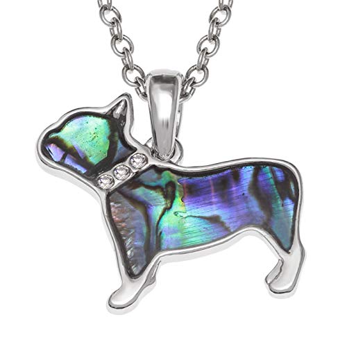 Kiara Jewellery Halskette mit Anhänger Französische Bulldogge mit grünlicher Paua-Abalone-Muschel und Glasstein-Kragen an 45,7 cm langer Kette, Silber/rhodiniertes Basismetall mit natürlicher von Kiara Jewellery