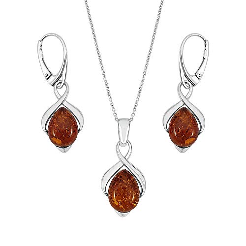 Kiara Jewellery Halskette und passende Ohrringe aus 925er Sterlingsilber, mit Unendlichkeits-Anhänger und Cognac-Bernstein, 45,7 cm lange Sterlingsilberkette, Sterling-Silber, Bernstein von Kiara Jewellery