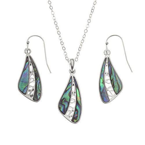 Kiara Jewellery Halskette mit Anhänger und Ohrringen in einer Geschenkbox mit natürlich bläulich-grüner Paua-Abalone-Muschel an 45,7 cm langer Kette Hypoallergen rhodiniert von Kiara Jewellery