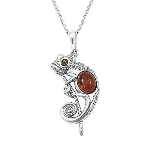 Kiara Jewellery Halskette mit Chamäleon-Anhänger, 925er Sterlingsilber, mit baltischem Cognac-Bernstein, 45,7 cm lange Kette aus Sterlingsilber von Kiara Jewellery