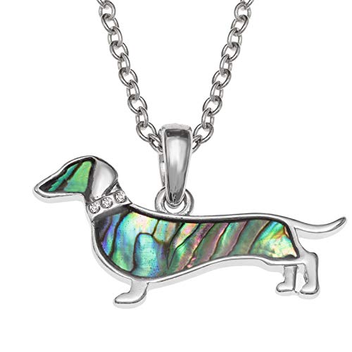 Kiara Jewellery Halskette mit Dackel-/Wursthund-Anhänger, eingelegt mit grünlicher Paua-Abalone-Muschel und Glasstein-Halsband an 45,7 cm langer Kette, Silber/rhodiniertes Basismetall mit natürlicher Kiara Jewellery Halskette mit Dackel-/Wursthund-Anhänger, eingelegt mit grünlicher Paua-Abalone-Muschel und Glasstein-Halsband an 45,7 cm langer Kette, Silber/rhodiniertes Basismetall mit natürlicher von Kiara Jewellery