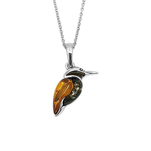Kiara Jewellery Halskette mit Eisvogel-Anhänger aus Sterlingsilber mit eingelegtem Bernstein in gemischter Farbe an 45,7 cm langer italienischer Tracer-Kette. von Kiara Jewellery