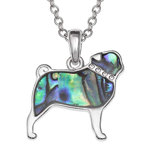 Kiara Jewellery Halskette mit Mops-/Hunde-Anhänger, eingelegt mit grünlicher Paua-Abalone-Muschel und Glasstein-Kragen an 45,7 cm langer Kette, Silber/rhodiniertes Basismetall mit natürlicher von Kiara Jewellery