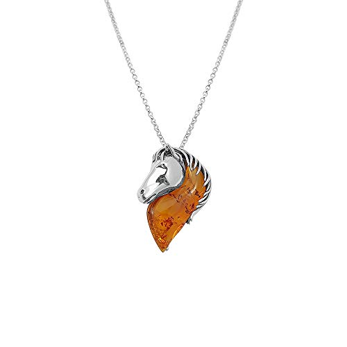 Kiara Jewellery Halskette mit Pferdekopf-Anhänger aus 925er Sterlingsilber, mit braunem baltischem Bernstein an 45,7 cm langer Erbskette., Silber, Bernstein Kiara Jewellery Halskette mit Pferdekopf-Anhänger aus 925er Sterlingsilber, mit braunem baltischem Bernstein an 45,7 cm langer Erbskette., Silber, Bernstein von Kiara Jewellery