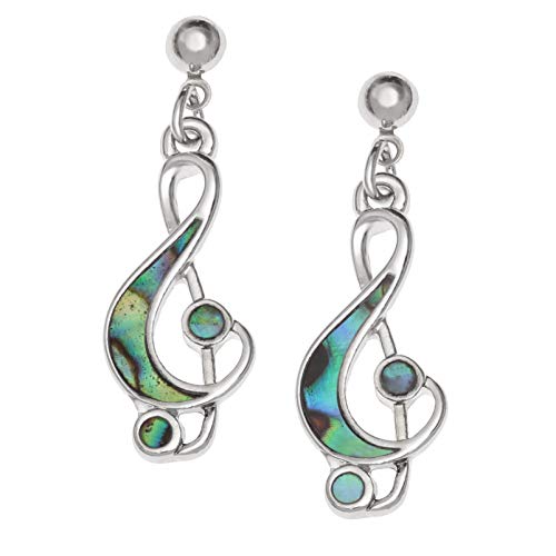 Kiara Jewellery Hypoallergene Musiknoten-/Violinschlüssel-Ohrstecker mit blaugrüner Paua-Abalone-Muschel., Silber/rhodiniertes Basismetall mit natürlicher Paua-Muschel, Abalone von Kiara Jewellery