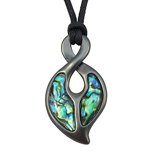 Kiara Jewellery Maori Twist oder Pikorua-Symbol Halskette mit eingelegtem natürlichen bläulichen Paua-Abalone-Muschel auf 40,6 cm - 45,7 cm verstellbarer schwarzer Kordel Unisex Hämatit Finish von Kiara Jewellery