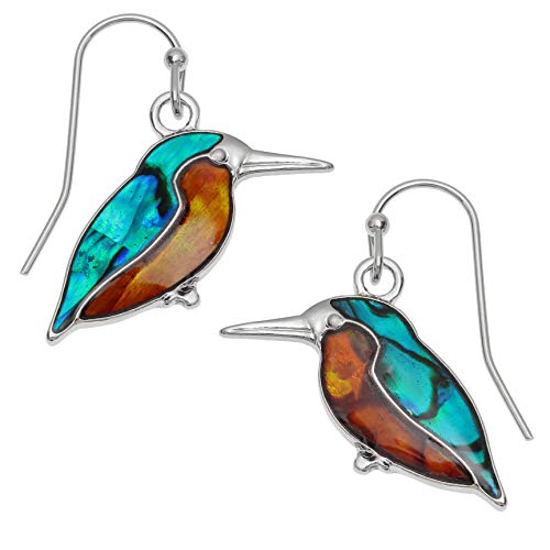 Kiara Jewellery Kingfisher Fischhaken-Ohrringe mit natürlicher grünlich-blauer und orangefarbener Paua-Abalone-Muschel. Hypoallergene Rhodium-Beschichtung., Silber/rhodiniertes Basismetall mit von Kiara Jewellery