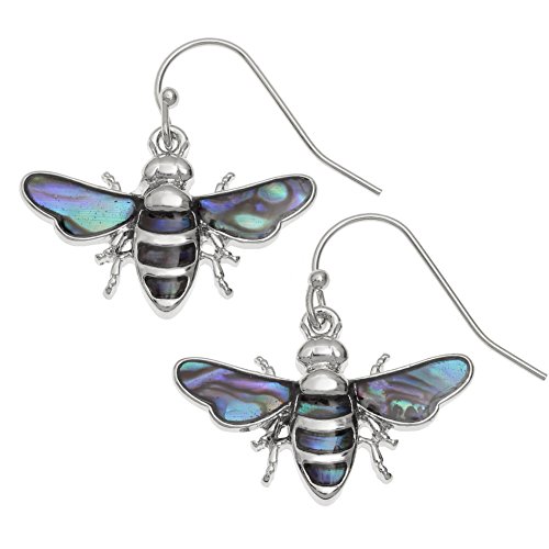 Kiara Jewellery Ohrringe mit fliegenden Bienen und Fischhaken in natürlicher grün-blauer Paua-Abalone-Muschel. Hypoallergen, läuft nicht an, silberfarben rhodiniert. von Kiara Jewellery