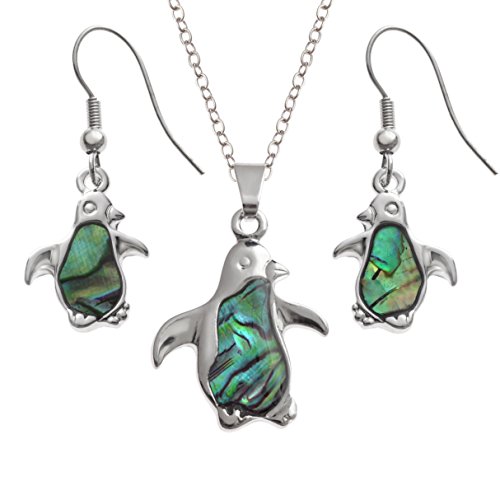 Kiara Jewellery Pinguin-Set mit Anhänger mit natürlicher grünlich-blauer Paua-Abalone-Muschel an 45,7 cm langer Kette zusammen mit passenden hypoallergenen rhodinierten Ohrringen. von Kiara Jewellery