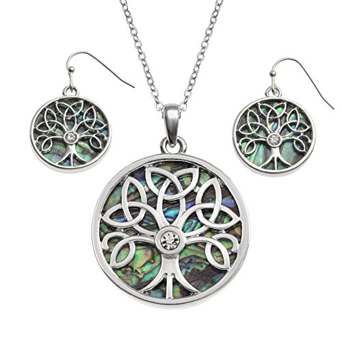 Kiara Jewellery Set mit keltischen Baum des Lebens Anhänger mit Glasstein an 45,7 cm langer Kette, beidseitig mit Abalone-Muschel und passenden hypoallergenen Ohrringen von Kiara Jewellery