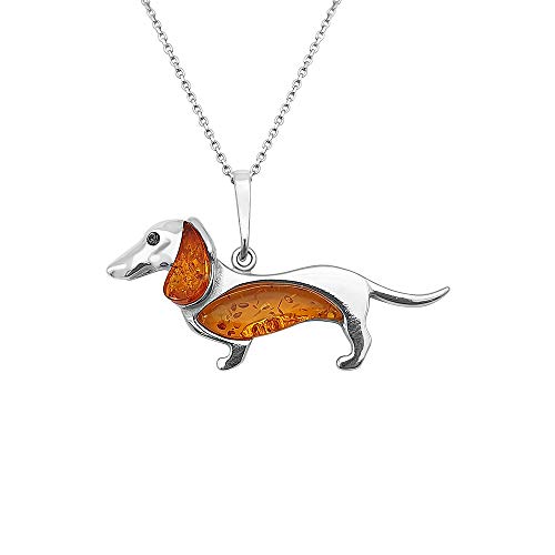 Kiara Jewellery Sterling Silber Dachshund/Dackel Halskette eingefasst mit Cognac Braun Bernstein auf 45,7 cm langen Sterlingsilber Kette. von Kiara Jewellery