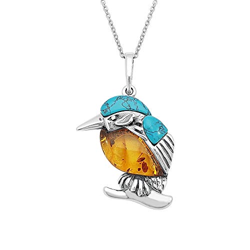 Kiara Jewellery Sterling Silber Färbiger Eisvogel Anhänger Halskette Mit Baltischen Bernstein Und Türkis Eingefasst auf 45,7 cm Sterling Silber Kette von Kiara Jewellery