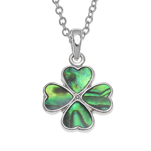 Kiara Schmuck Four Leaf Clover Anhänger Halskette mit natürlichen grünlichen blau intarsiert Paua Abalone Shell auf 45,7 cm Trace Kette. Nicht trüben Silber Farbe, Rhodiniert. von Kiara Jewellery