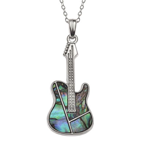 Kiara Schmuck Gitarre Anhänger Halskette intarsiert mit natürlichen grünlichen blaue Paua Abalone Muschel auf 45,7 cm Trace Kette. Rhodiniert, Anlauf Geschützt. von Kiara Jewellery