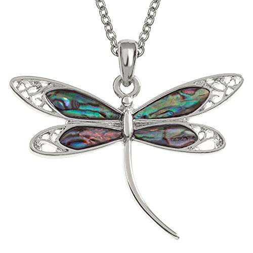 Kiara Schmuck Große Libelle Anhänger Halskette mit natürlichen grünlichen blau intarsiert Paua Abalone Shell auf 45,7 cm Schlangenkette. Nicht trüben Silber Farbe Rhodiniert. von Kiara Jewellery