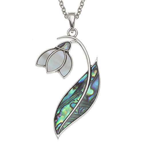 Kiara Schmuck Halskette Anhänger Blume SCHNEEGLÖCKCHEN mit natürlichen grünlichen blau intarsiert Paua Abalone-Muschel und Perlmutt auf 45,7 cm Trace Kette. von Kiara Jewellery