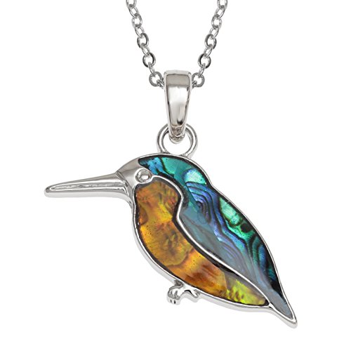 Kiara Jewellery Kingfisher Pendant Necklace Inlaid With Bluish Green And Orange Paua Abalone Shell on 46cm Trace Chain. Non Tarnish Silver Colour Rhodium plated. von Kiara Jewellery