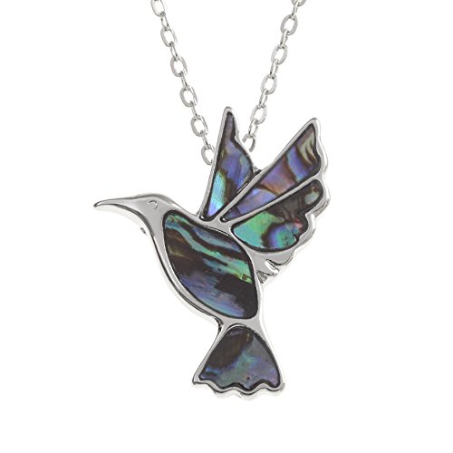 Kiara Schmuck Kolibri Anhänger Halskette mit natürlichen grünlichen blau intarsiert Paua Abalone Shell auf 45,7 cm Trace Kette. Silber Farbe, Rhodiniert, Anlauf Geschützt. von Kiara Jewellery