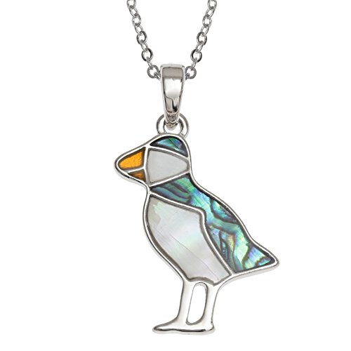 Kiara Jewellery Puffin Pendant Necklace Inlaid With Natural Green And Mother Of Pearl Paua Abalone Shell on 46cm Trace Chain. Non Tarnish Silver Colour Rhodium plated. von Kiara Jewellery