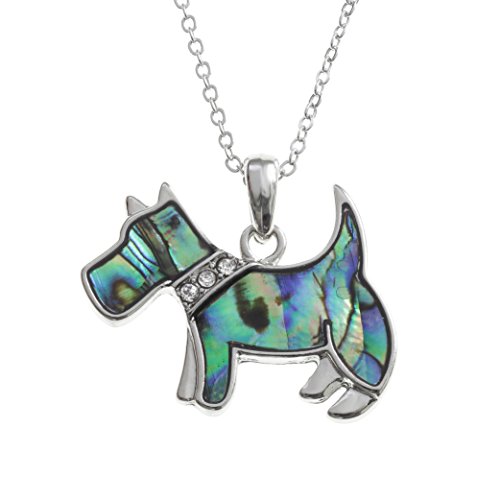 Kiara Schmuck Scottie Hund Anhänger Halskette intarsiert mit natürlichen grünlichen blau Paua Abalone Muschel mit Glas Steinen Rundum Halsband auf 45,7 cm Trace Kette. Rhodiniert, Anlauf Geschützt. von Kiara Jewellery