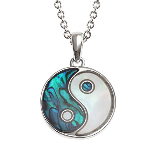 Kiara Schmuck Yin Yang Wende Anhänger Halskette eingelegten beide Seiten mit bläulich grün Paua Abalone Shell & Perlmutt auf 45,7 cm Trace Kette. Nicht trüben Silber Farbe, Rhodiniert von Kiara Jewellery