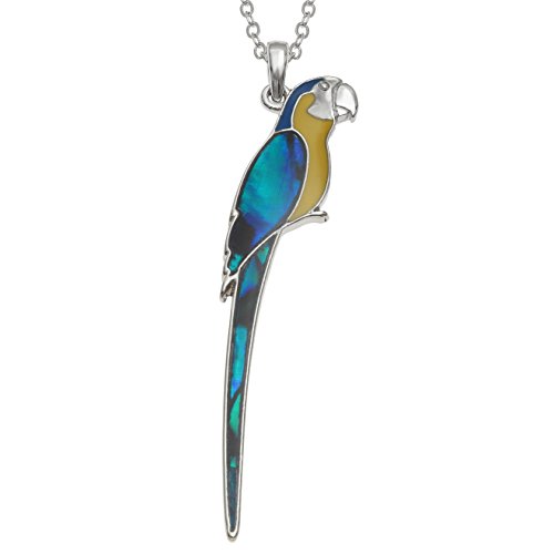 Kiara Schmuck auf Macaw Papagei Anhänger Halskette mit natürlichen grünlichen blau intarsiert Paua Abalone Shell und Gelb, Blau Epoxy auf 45,7 cm Trace Kette. Nicht trüben Silber Farbe Rhodiniert. von Kiara Jewellery