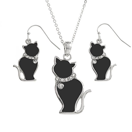 Kiara Schmuckset "Katze" mit Box, bestehend aus Einlege-Anhänger mit schwarzer Emaille und Glassteinen, Halsband 45,7 cm, zusammen mit passenden hypoallergenen, rhodinierten Ohrringen von Kiara Jewellery