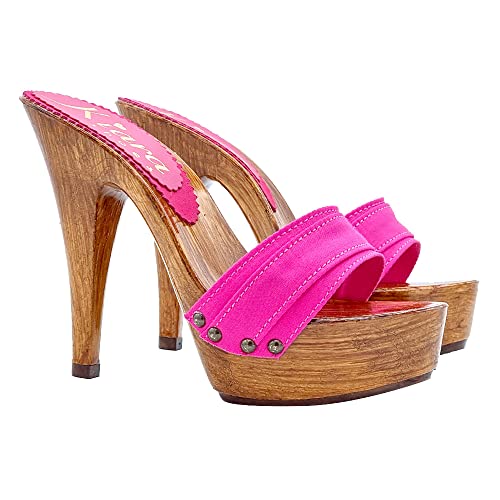 Damen-Clogs mit 13-Absatz und Plateau - K9101 FUXIA (36 EU, FUCHSIE) von Kiara Shoes