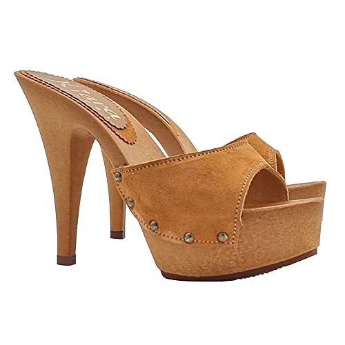 Damenclogs mit Wildlederband - Made in Italy - K93001 CAM C (39, BRAUN) von Kiara Shoes