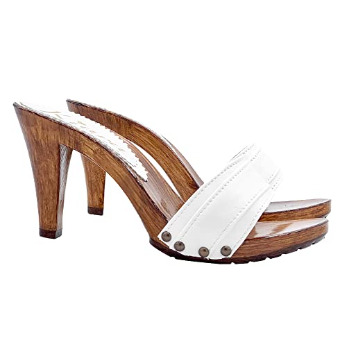 Holzeffeckt Clogs mit doppeltem weiss Band hoher Absatz 9 cm - K6101 BIANCO (38 EU, WEISS) von Kiara Shoes