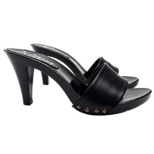 Kiara Shoes Clogs schwarz Lederband - Absatz 9 cm - K6508-schwarz, Schwarz - Schwarz - Größe: 37 EU von Kiara Shoes