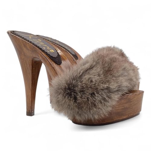 Kiara Shoes Damen Clogs mit 13 cm Absatz und Fell - Made in Italy - K9240 VI (Braun, EU Schuhgrößensystem, Erwachsene, Damen, Numerisch, M, 36) von Kiara Shoes