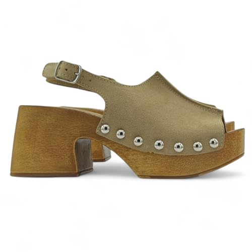 Kiara Shoes Damen Clogs mit Blockabsatz & Riemen - Made in Italy - KG1702 CAM Taupe (Taupe, EU Schuhgrößensystem, Erwachsene, Damen, Numerisch, M, 41) von Kiara Shoes