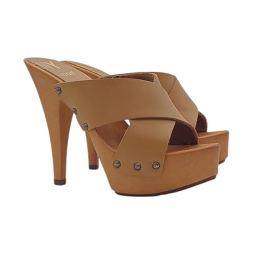 Kiara Shoes Damen-Clogs mit gekreuzten Bändern aus Leder | 13 cm Absatz – Made in Italy - MY392 Cuoio (BRAUN, EU Schuhgrößensystem, Erwachsene, Damen, Numerisch, M, 40) von Kiara Shoes
